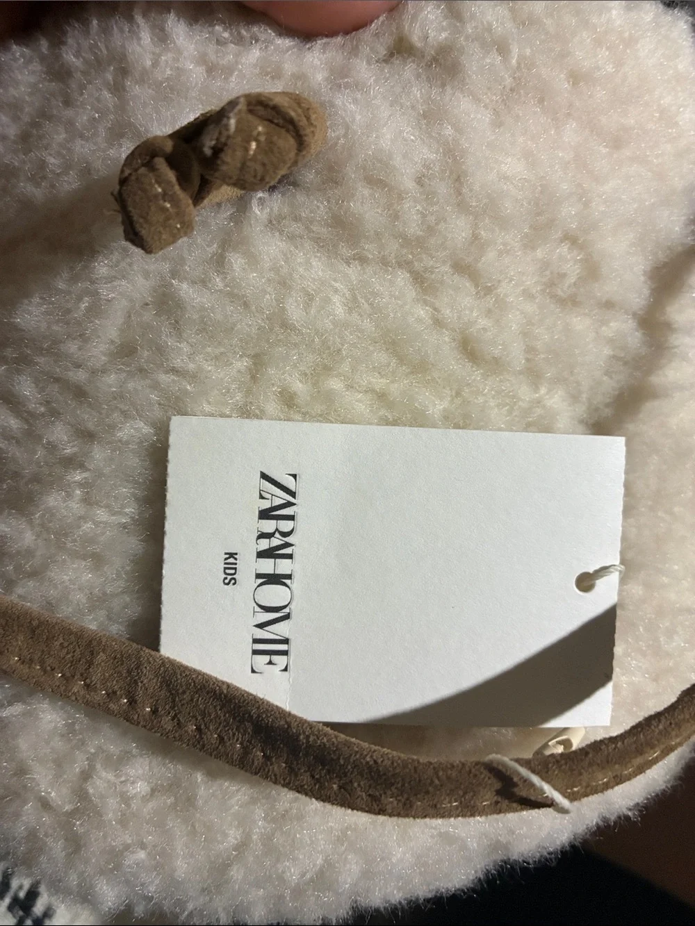 Zara Cream Shearling Drawstring Crossbody Bag with Tan Strap